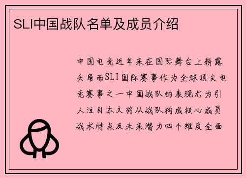 SLI中国战队名单及成员介绍