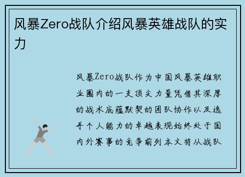 风暴Zero战队介绍风暴英雄战队的实力